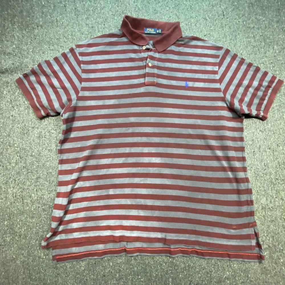 Polo Ralph Lauren Polo Shirt 3XB Big Mens Burgundy Grey Striped Pony Logo‎